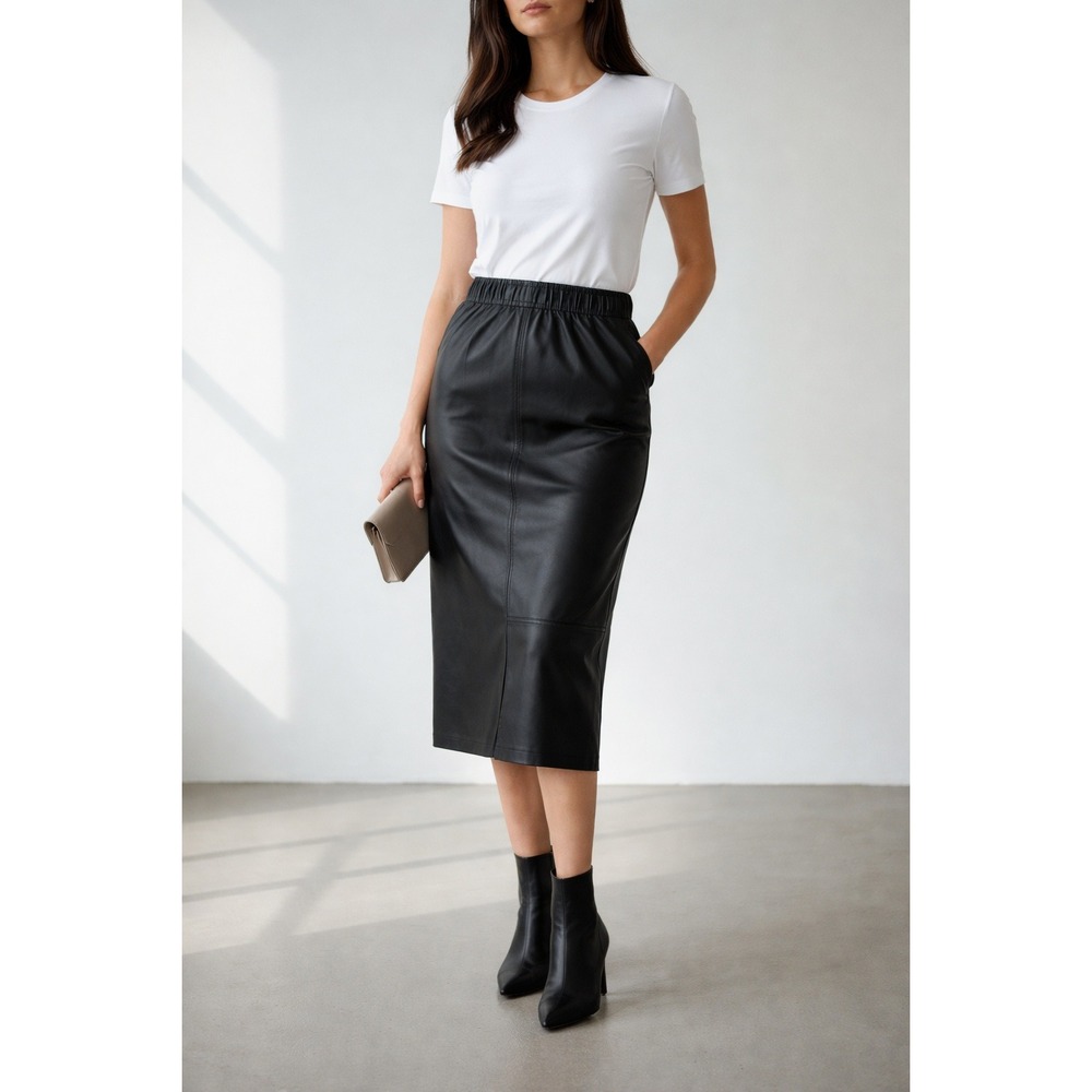Bettina Vintage Black Genuine‎ Leather Midi Skirt Elastic Waist Womens M US 8